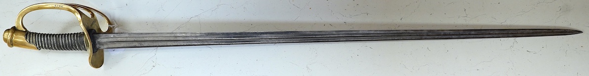 An 1854 Cuirassier's sword double fullered blade, blade faintly etched 1894? brass guard deformed, blade 94cm. Condition - fair